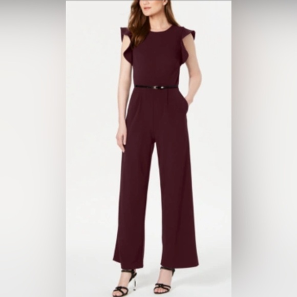 Calvin Klein Belted Ruffle-Sleeve Jumpsuit In Purple. - Picture 5 of 5